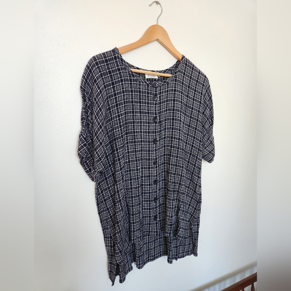 Button-Front Navy Plaid Blouse - Picture 3 of 9